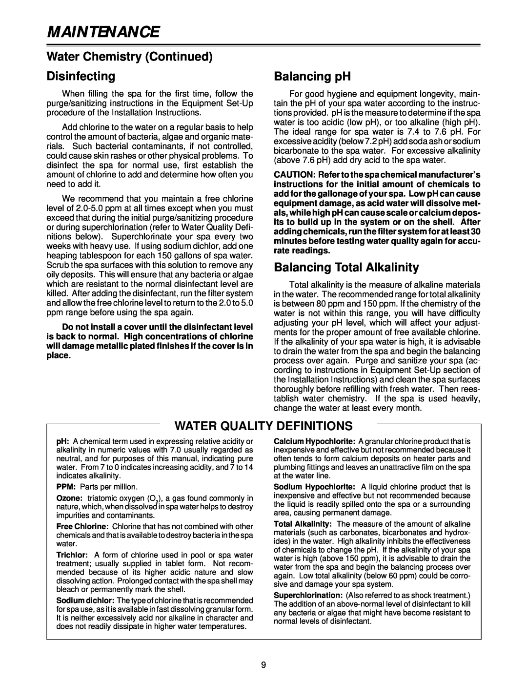 Jacuzzi Z101 Water Chemistry Continued Disinfecting, Balancing pH, Balancing Total Alkalinity, Water Quality Definitions 