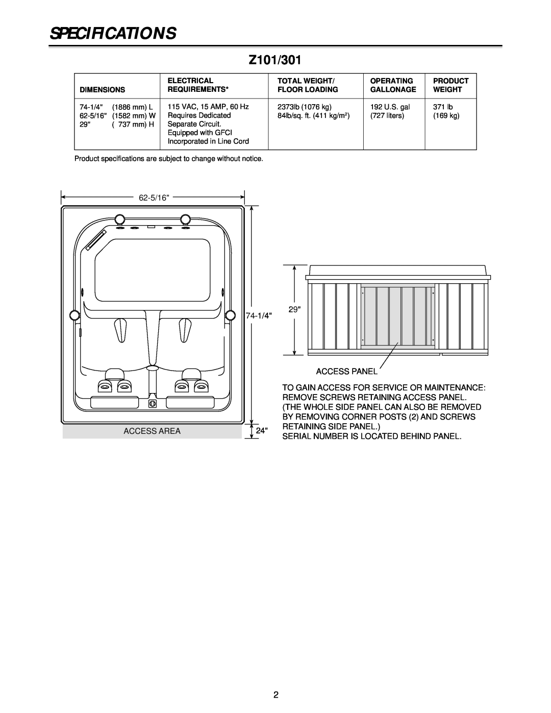 Jacuzzi owner manual Specifications, Z101/301 