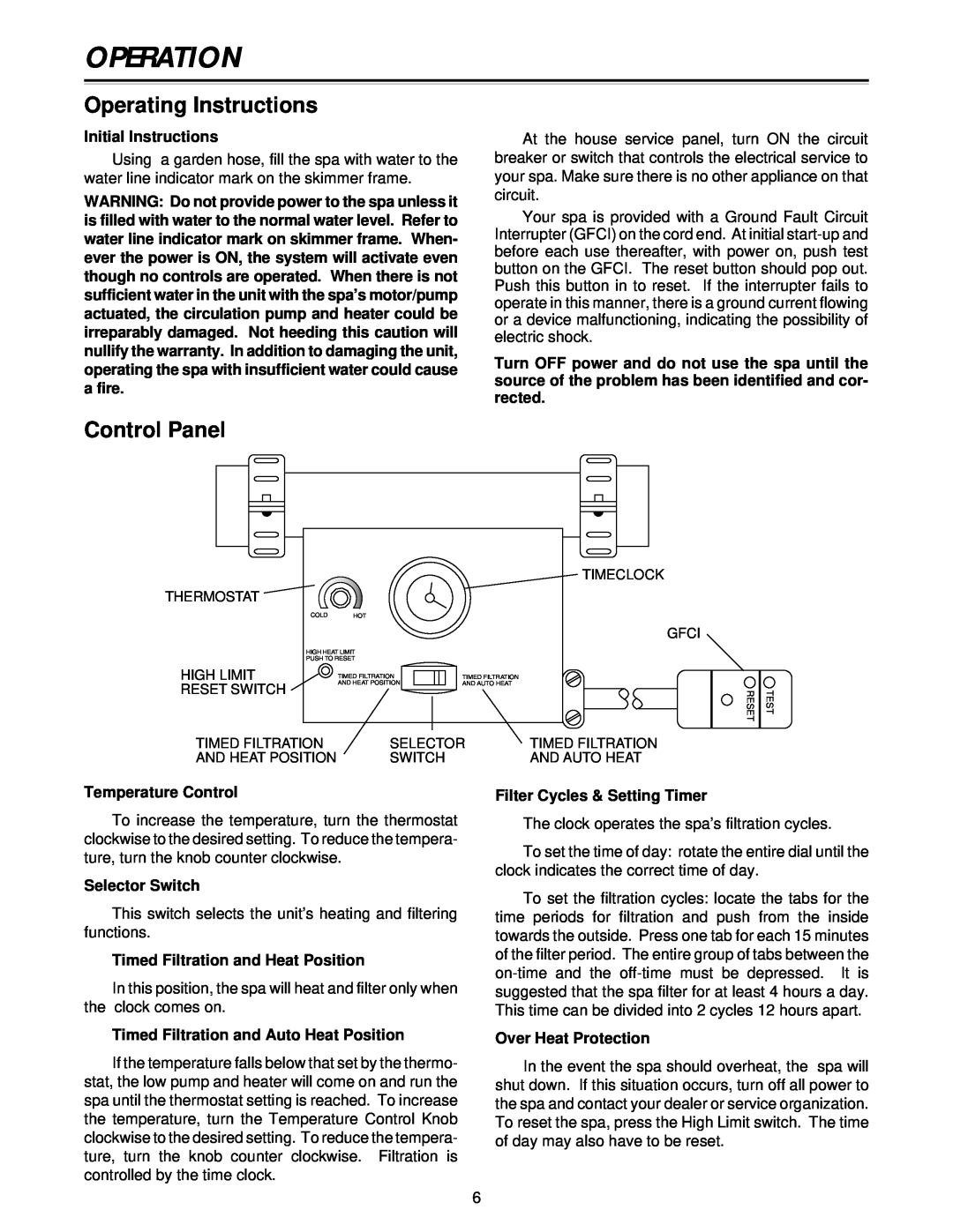 Jacuzzi Z101 owner manual Operation, Operating Instructions, Control Panel 