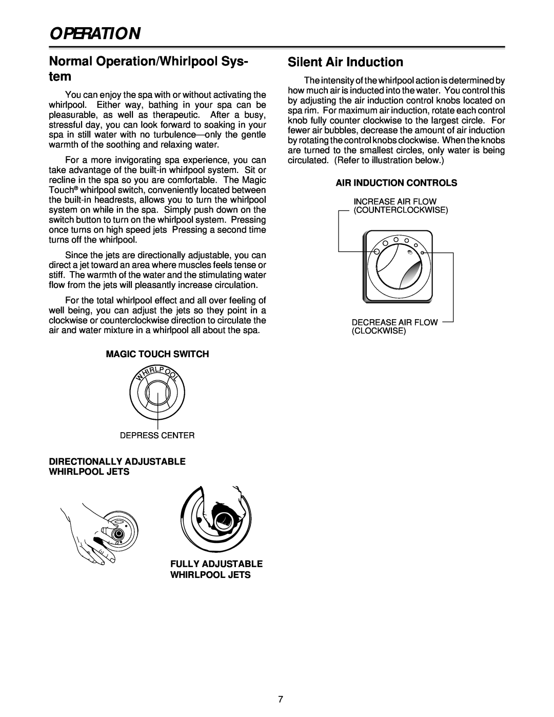 Jacuzzi Z101 owner manual Normal Operation/Whirlpool Sys- tem, Silent Air Induction 