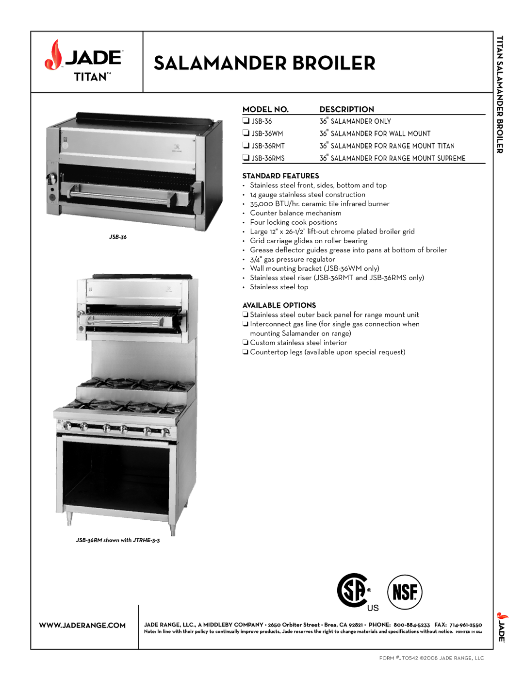 Jade Range J JSB-36RMS specifications Model no Description, Salamander for range mount supreme, Broiler, Standard Features 