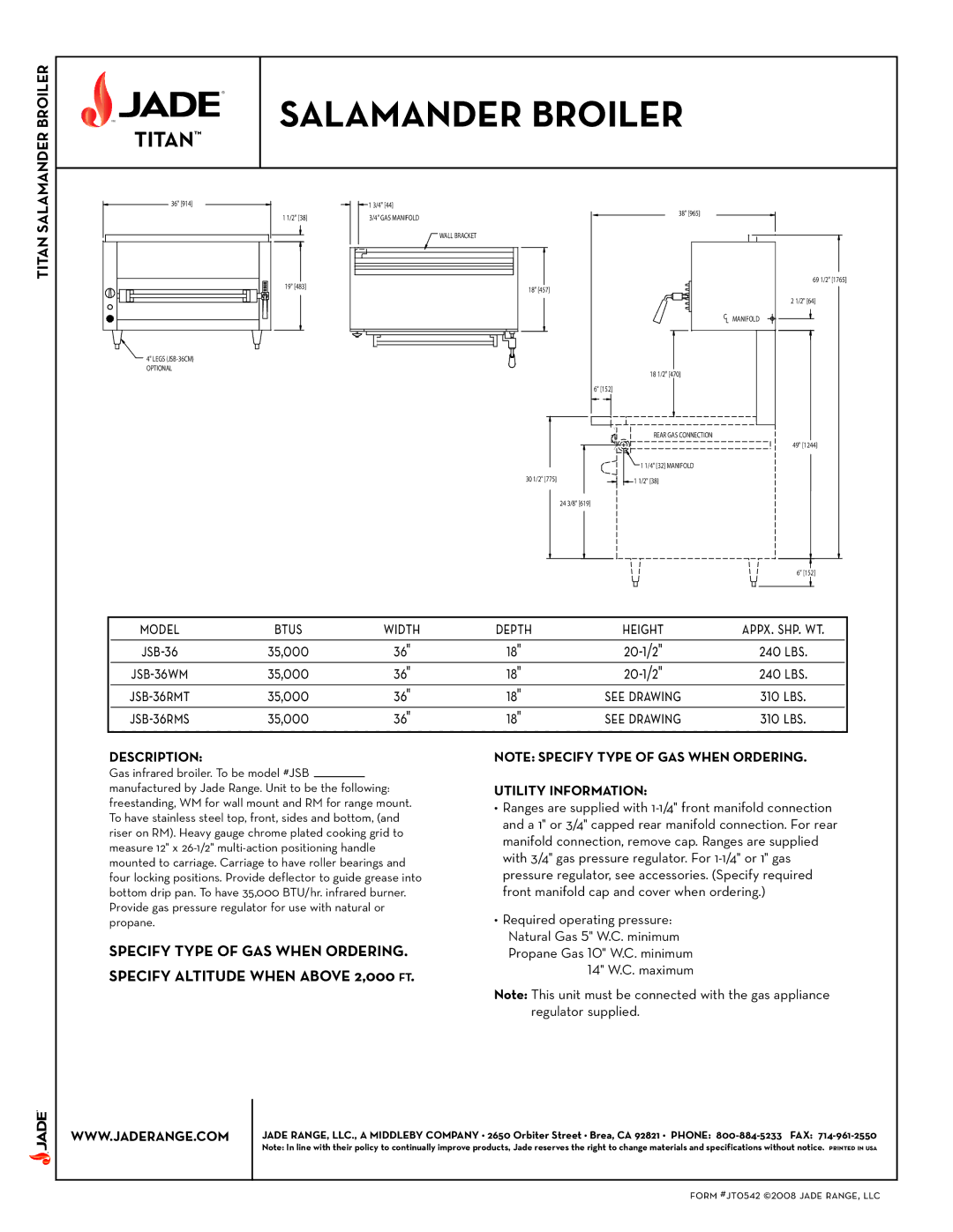 Jade Range J JSB-36RMT, J JSB-36RMS, J JSB-36WM Salamander Broiler, Titan, Depth Height, Description, Utility Information 