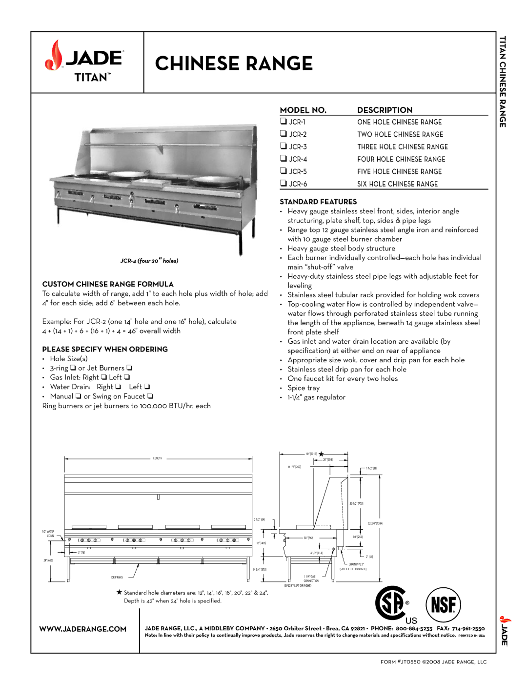 Jade Range JCR-6, JCR-4, JCR-1, JCR-5, JCR-3, JCR-2 specifications Chinese Range, Titan Chinese, Model no Description 