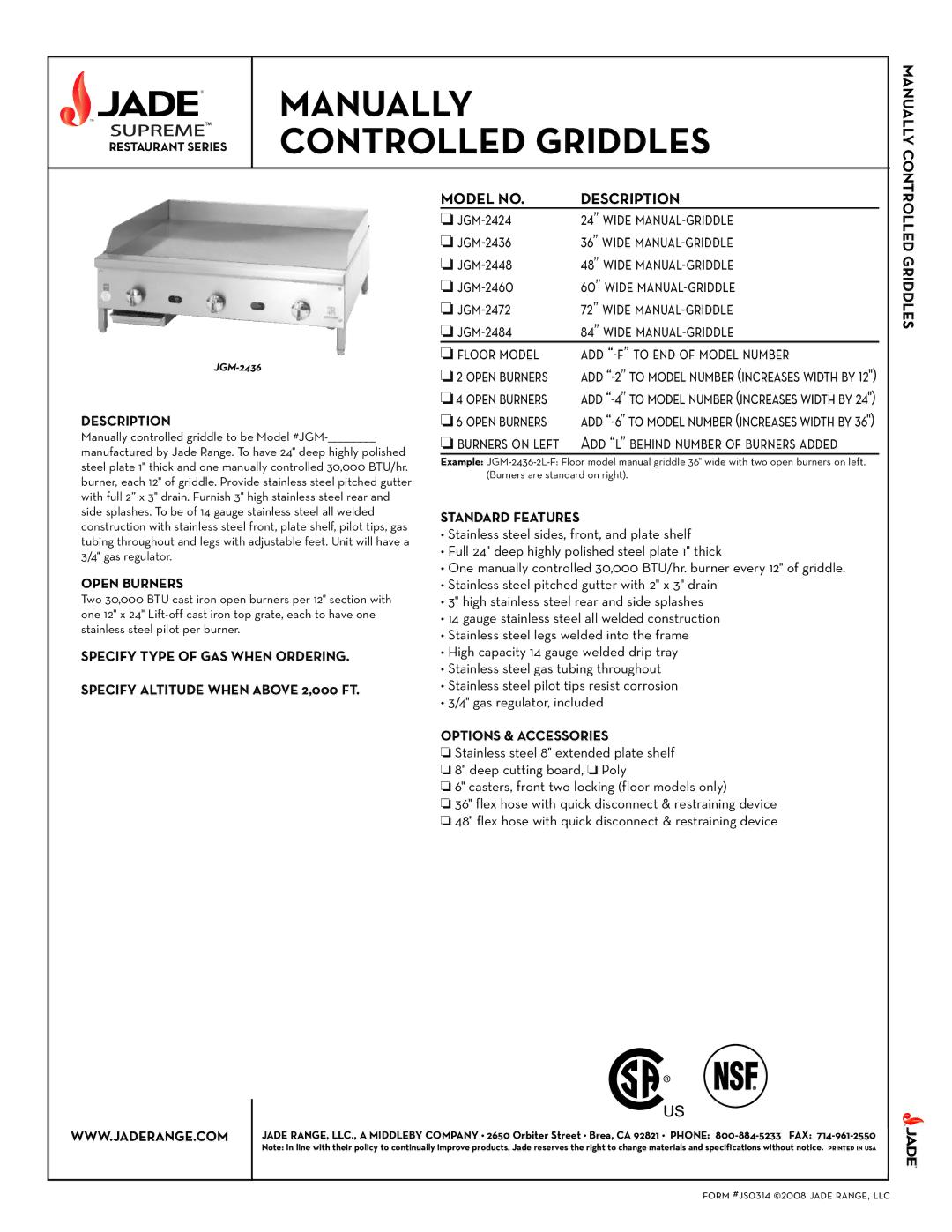 Jade Range JGM-2484, JGM-2460, JGM-2448 specifications Manually, Burners on left, Model no Description, Controlled Griddles 