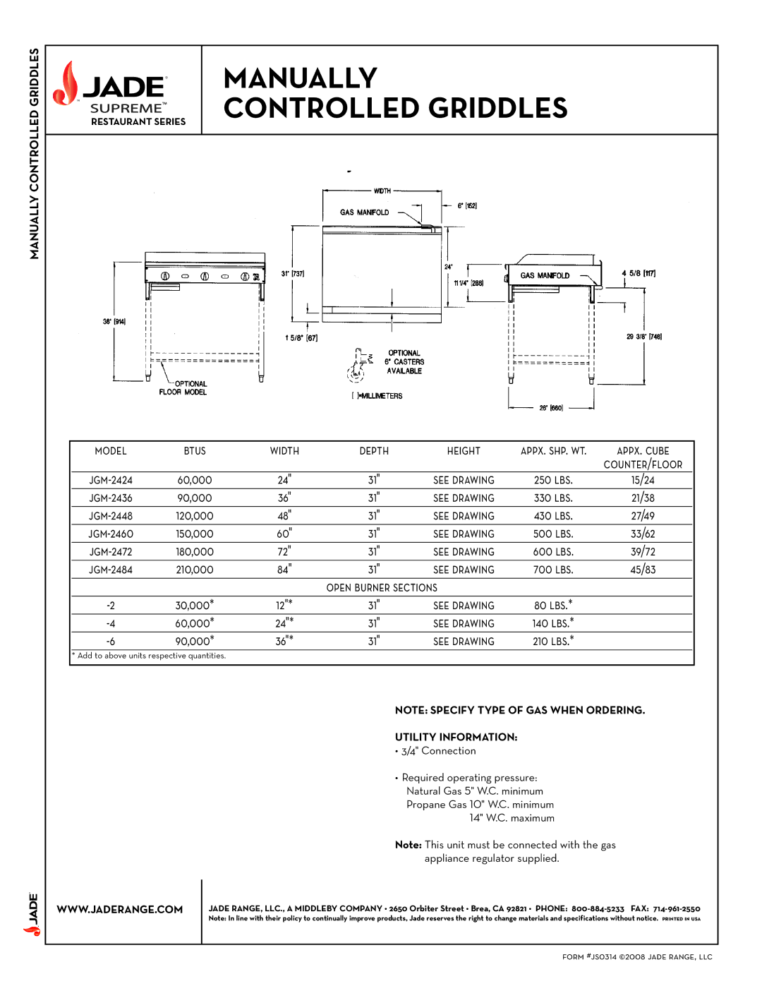 Jade Range JGM-2448, JGM-2460 Restaurant Series Controlled Griddles, Btus Width, Counter/floor, Open burner sections 