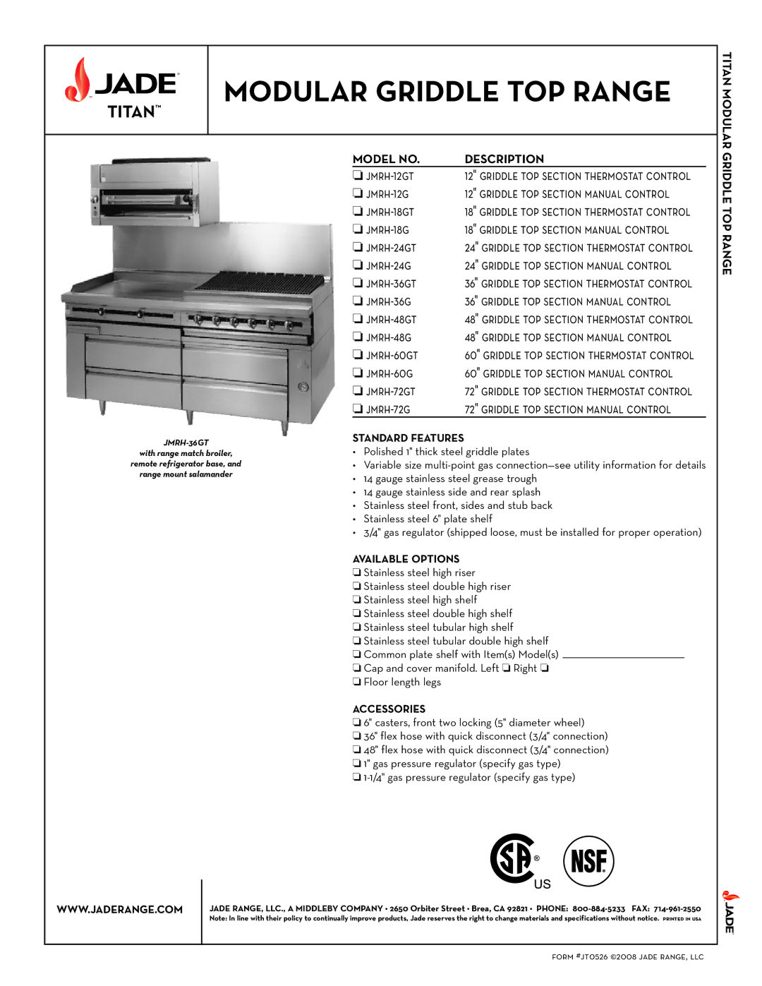 Jade Range JMRH-18GT, JMRH-24GT, JMRH-60GT, JMRH-36G specifications Standard Features, Available Options, Accessories 