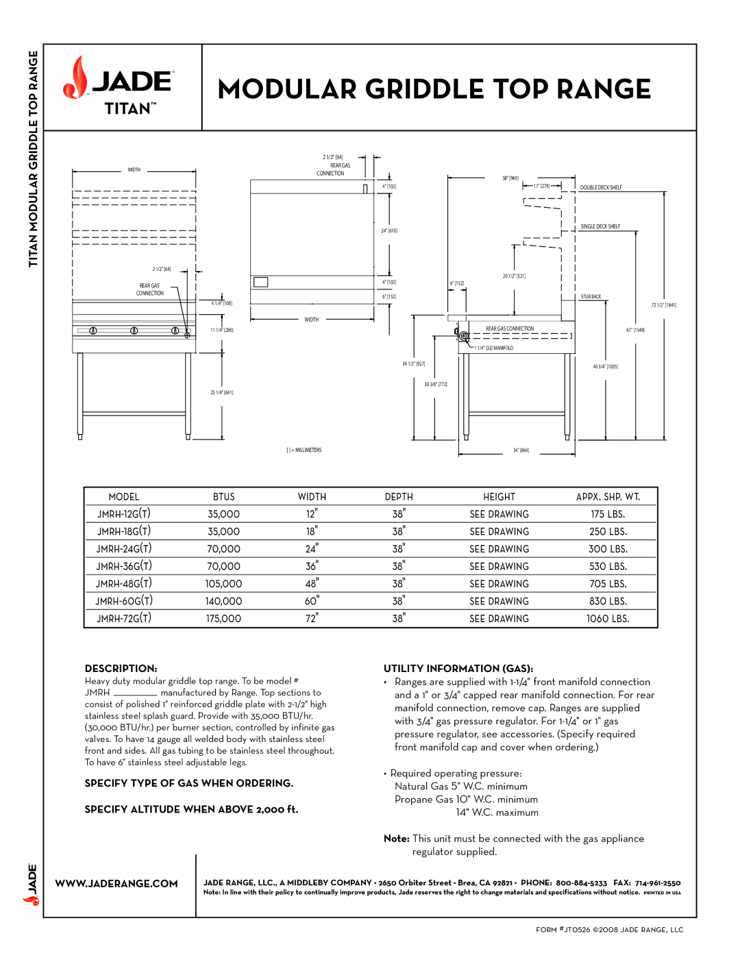 Jade Range JMRH-24GT, JMRH-18GT, JMRH-60GT Description, Utility Information GAS, Specify Type of GAS When Ordering 