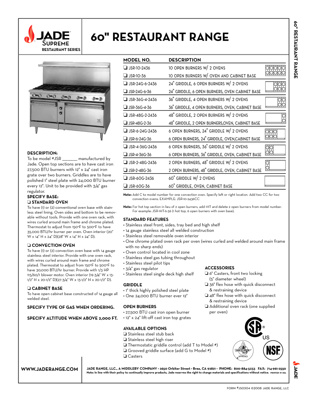 Jade Range jsr-60g-36, JSR-10-36 specifications Jsr-10-2436 Open burners w/ 2 ovens Jsr-10-36, Jsr-24g-6-36, Jsr-36g-4-36 