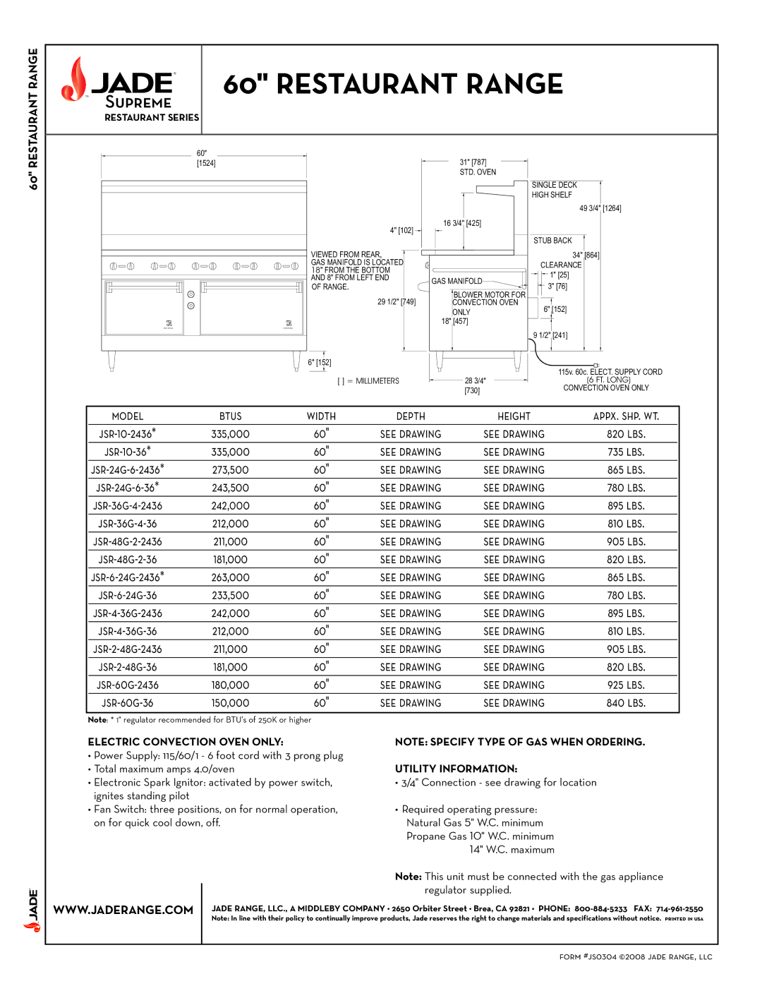 Jade Range jsr-60g-2436 Model Btus Width Depth Height, See drawing, Electric Convection Oven only, Utility Information 