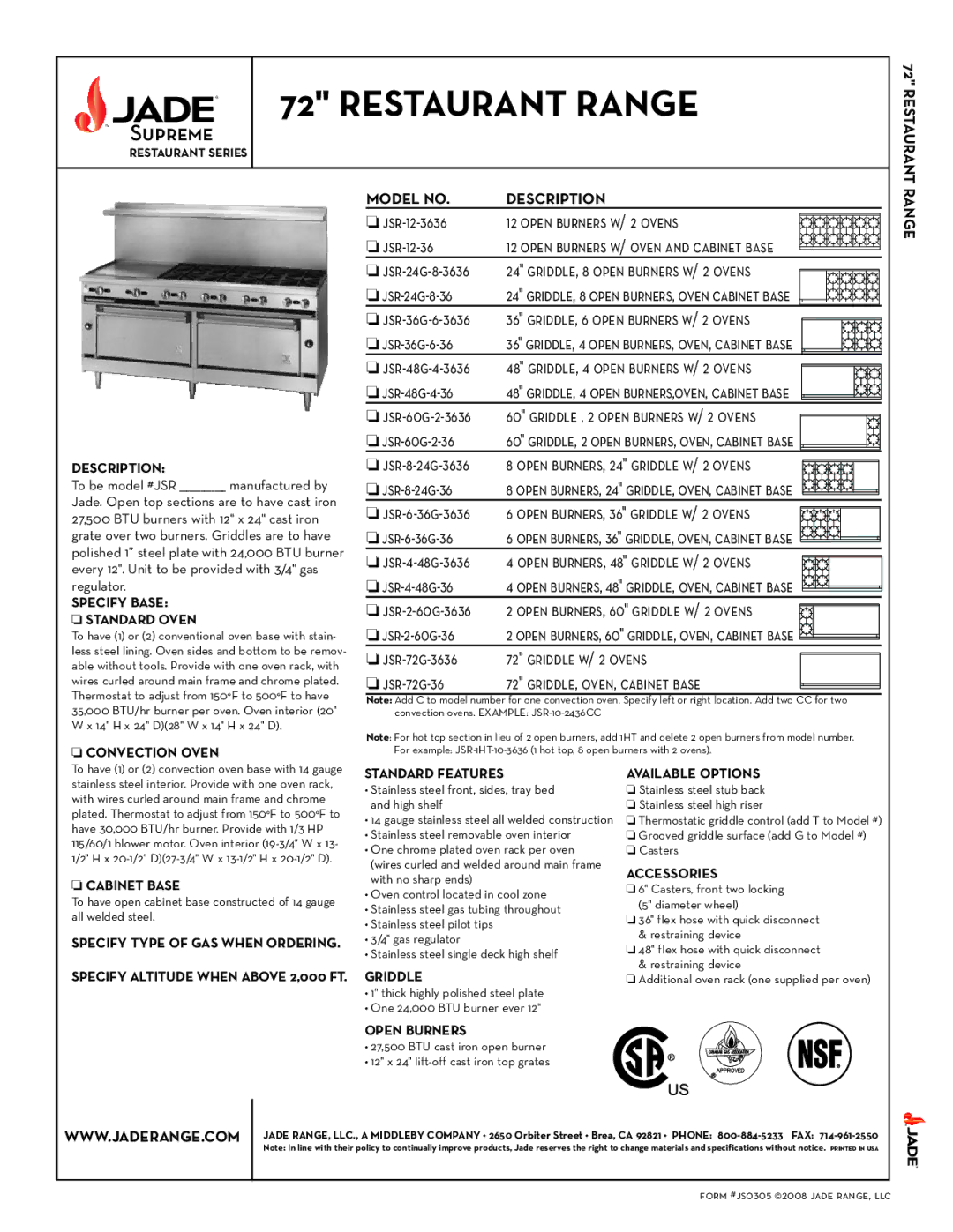 Jade Range jsr-8-24g-36 specifications Jsr-12-3636 Open burners w/ 2 ovens, Jsr-24g-8-3636, Jsr-36g-6-3636, Jsr-48g-4-3636 