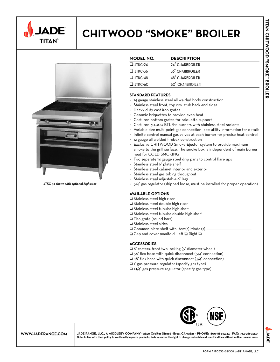 Jade Range JTKC-48, JTKC-24 specifications Jtkc-24 Charbroiler Jtkc-36 Jtkc-48 Jtkc-60, Available Options, Accessories 