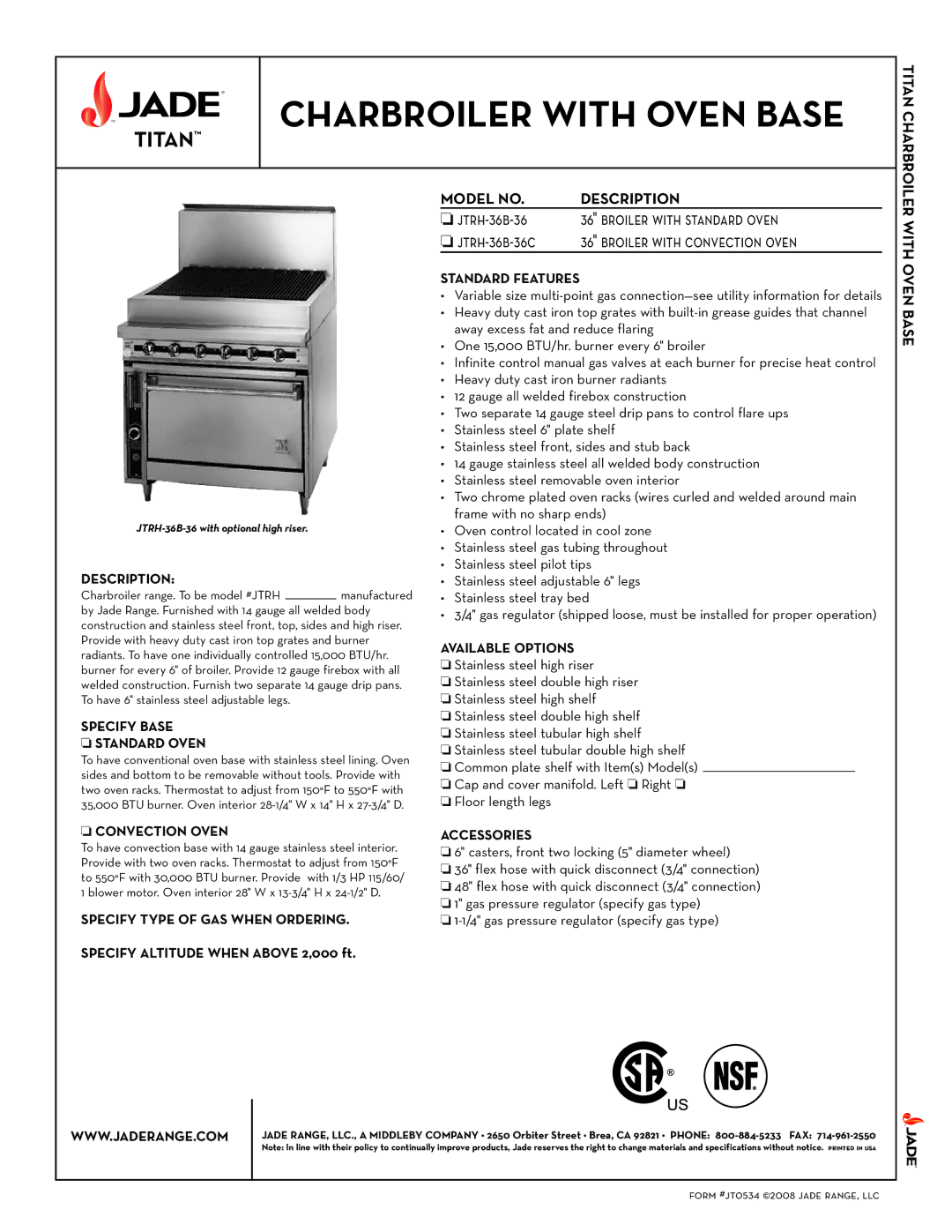 Jade Range JTRH-36B-36 specifications Model no Description, With Oven Base 