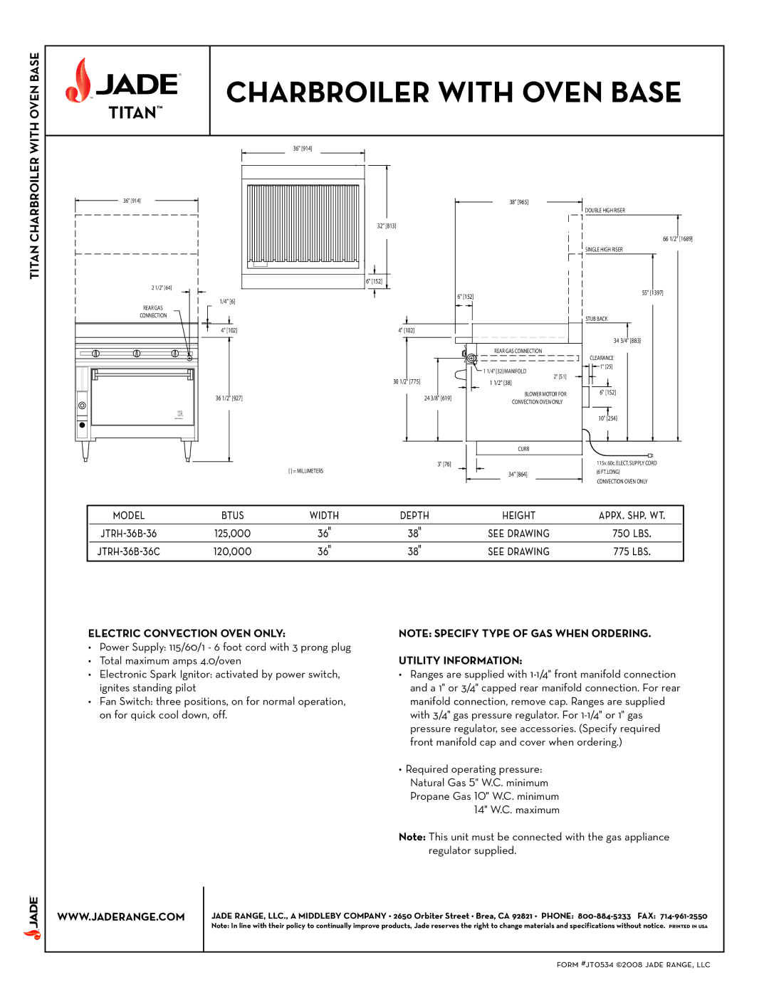 Jade Range JTRH-36B-36 specifications Titan Charbroiler, Electric Convection Oven only, Utility Information 