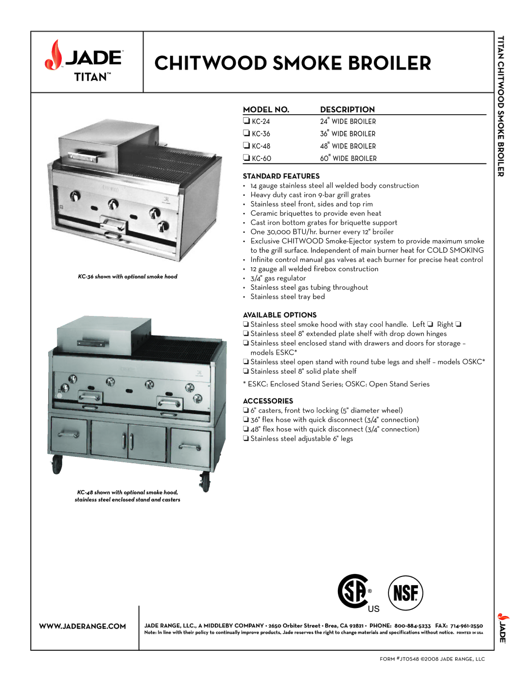 Jade Range KC-48, KC-24, KC-60, KC-36 specifications Available Options, Accessories 