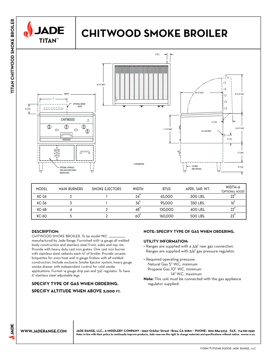 Jade Range KC-60, KC-24, KC-48, KC-36 Kc-60, Description, Utility Information, Required operating pressure, 14 W.C. maximum 