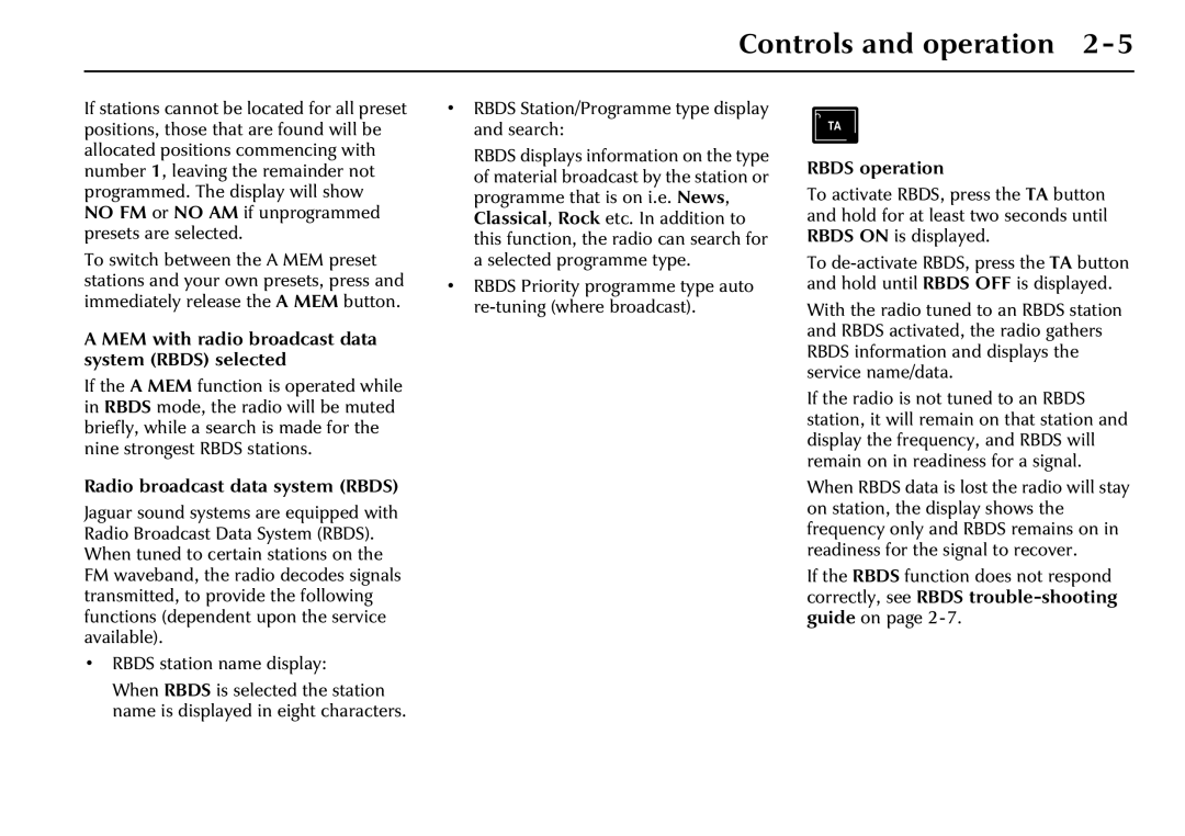 Jaguar JJM 18 03 24/22 manual MEM with radio broadcast data system Rbds selected, Radio broadcast data system Rbds 