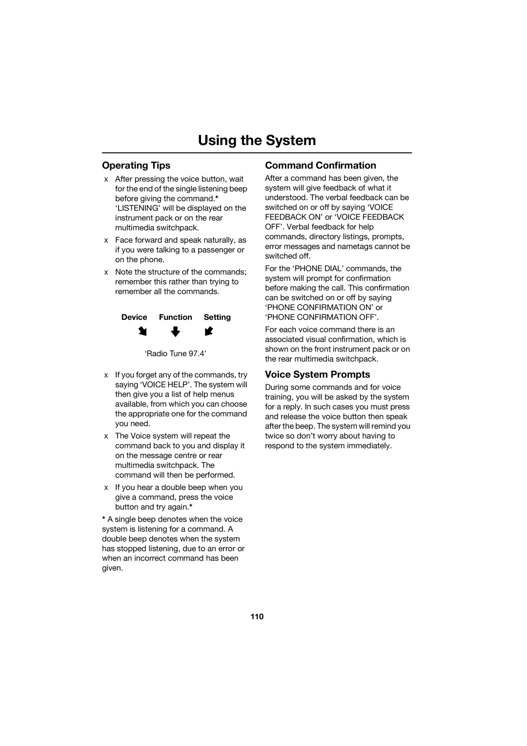 Jaguar JJM 18 42 26 701 manual Operating Tips, Command Confirmation, Voice System Prompts, ‘PHONE Confirmation OFF’, 110 