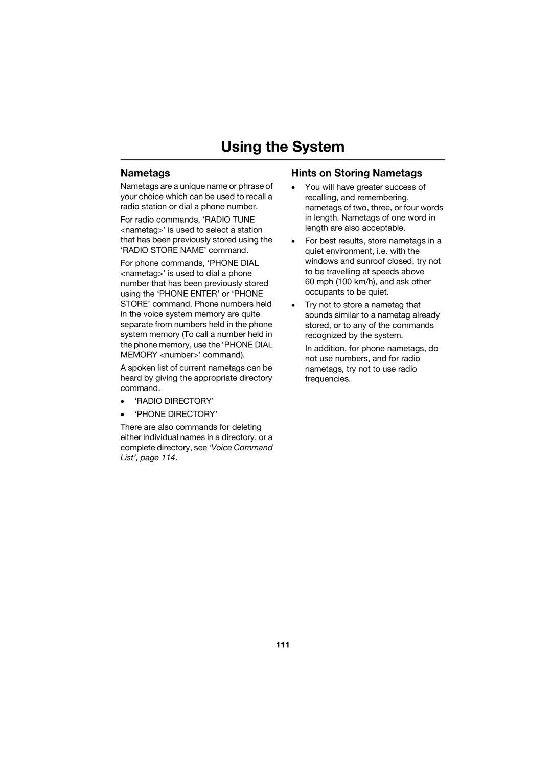 Jaguar JJM 18 42 26 701 manual Hints on Storing Nametags, ‘Radio Directory’ ‘Phone Directory’, 111 