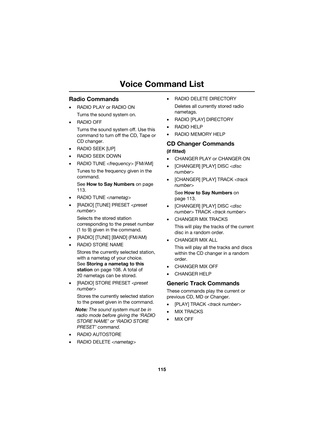 Jaguar JJM 18 42 26 701 manual Radio Commands, CD Changer Commands, Generic Track Commands, 115 