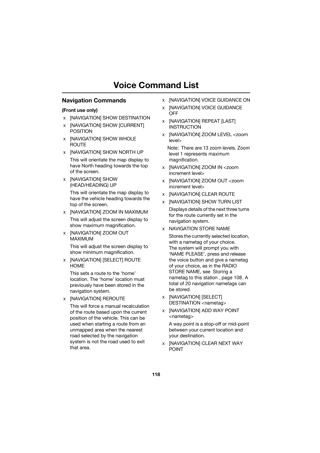 Jaguar JJM 18 42 26 701 manual Navigation Commands, Front use only, 118 