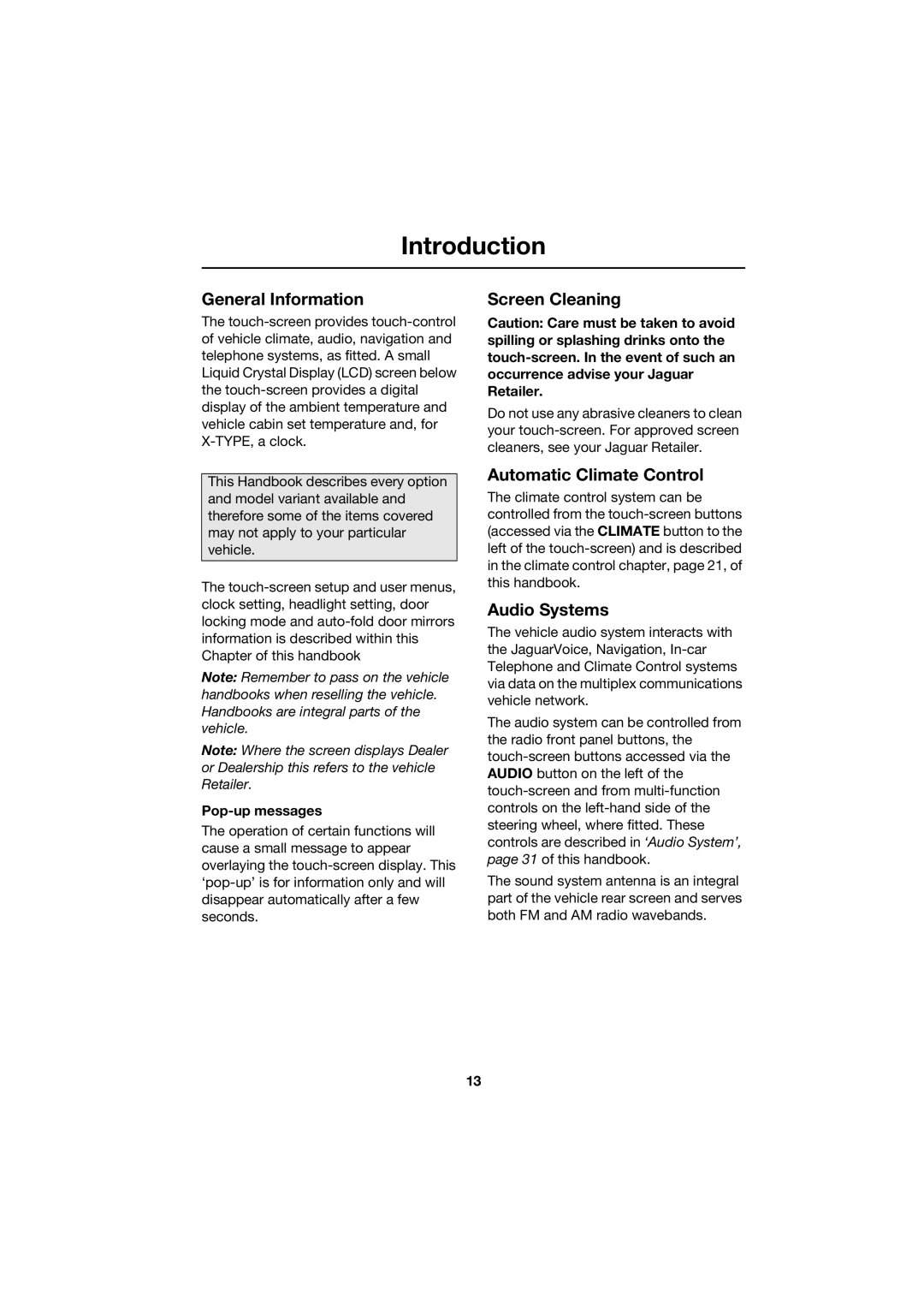 Jaguar JJM 18 42 26 701 manual Introduction, General Information, Screen Cleaning, Automatic Climate Control, Audio Systems 