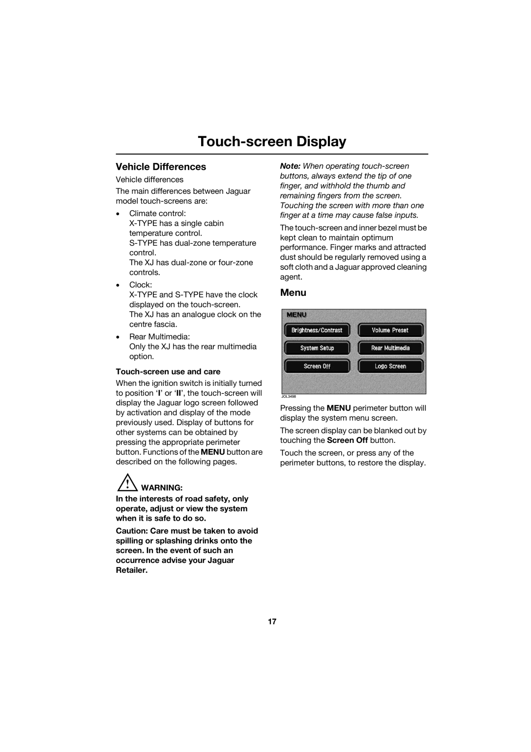 Jaguar JJM 18 42 26 701 manual Vehicle Differences, Menu, Touch-screen use and care 