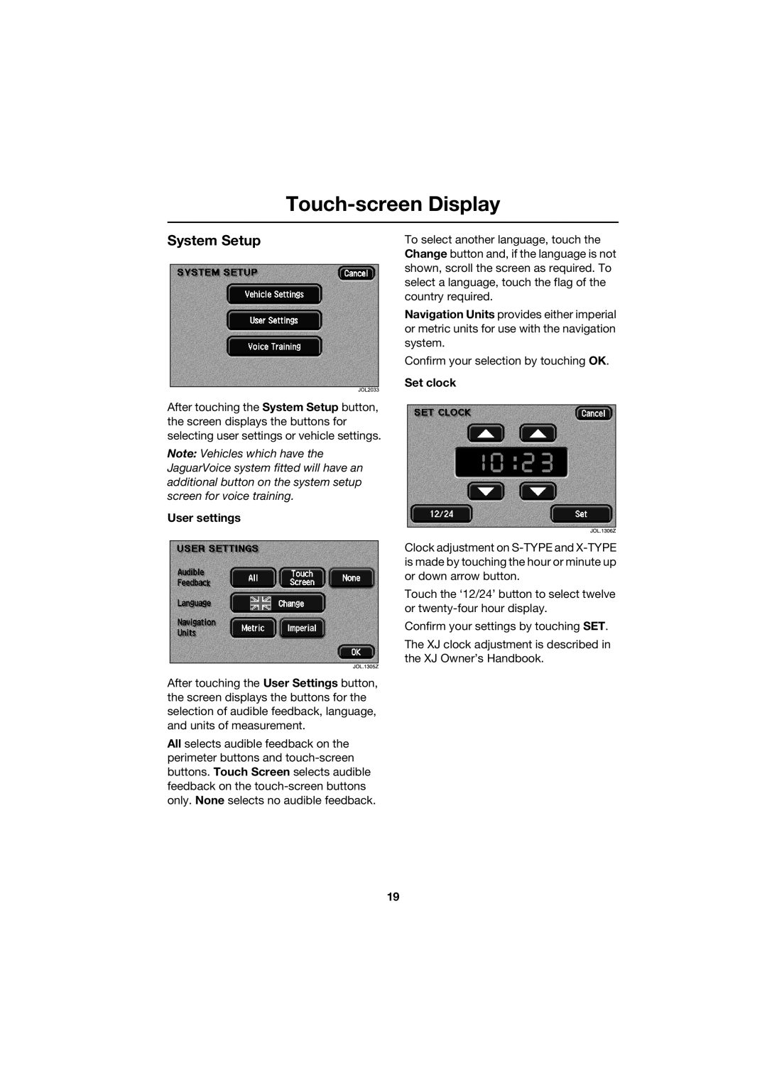 Jaguar JJM 18 42 26 701 manual System Setup, User settings, Set clock 