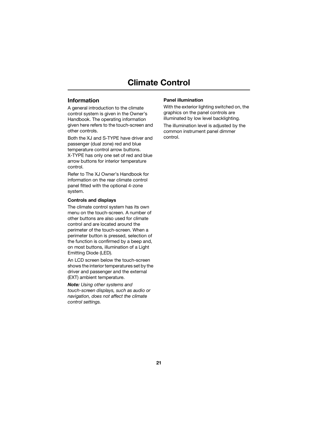 Jaguar JJM 18 42 26 701 manual Climate Control, Information, Controls and displays, Panel illumination 