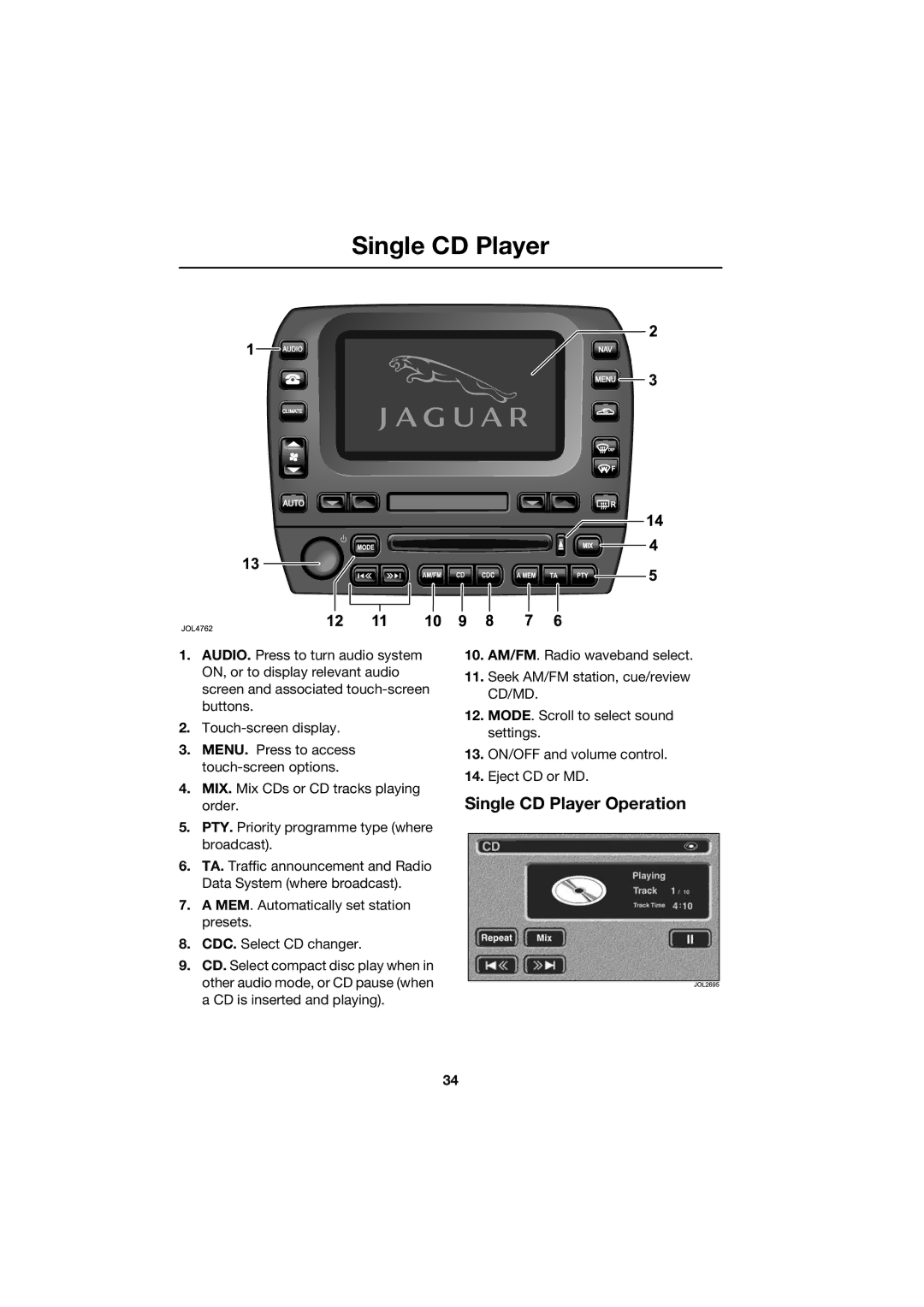 Jaguar JJM 18 42 26 701 manual Single CD Player Operation 