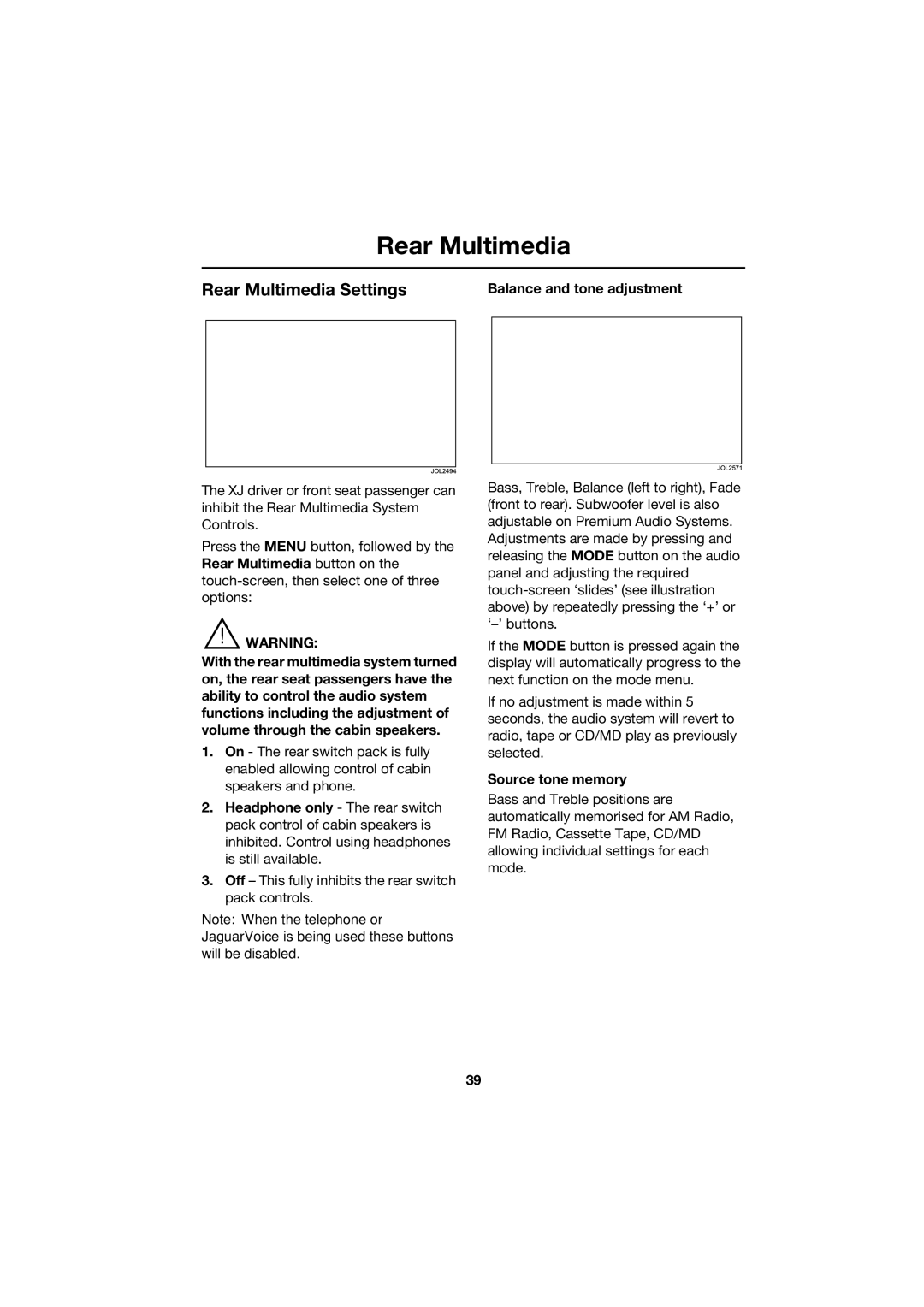 Jaguar JJM 18 42 26 701 manual Rear Multimedia Settings, Balance and tone adjustment, Source tone memory 