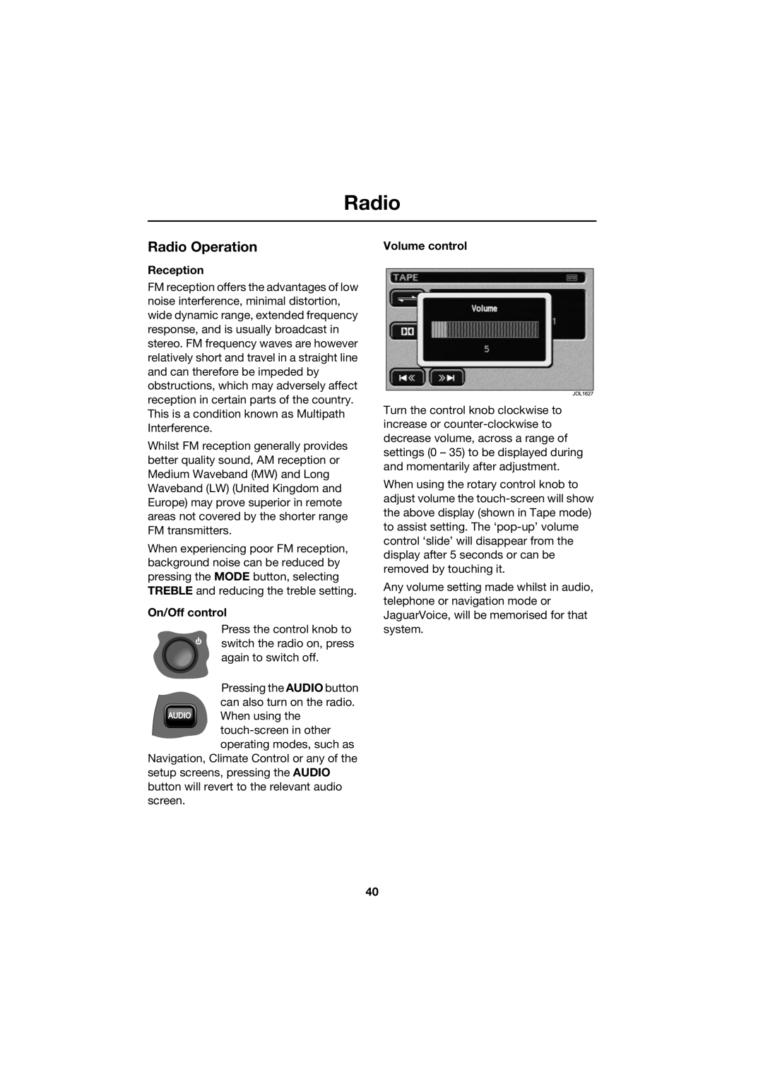 Jaguar JJM 18 42 26 701 manual Radio Operation, Reception, On/Off control, Volume control 