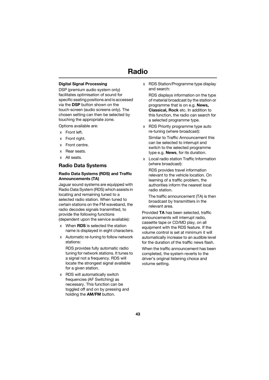 Jaguar JJM 18 42 26 701 manual Digital Signal Processing, Radio Data Systems RDS and Traffic Announcements TA 