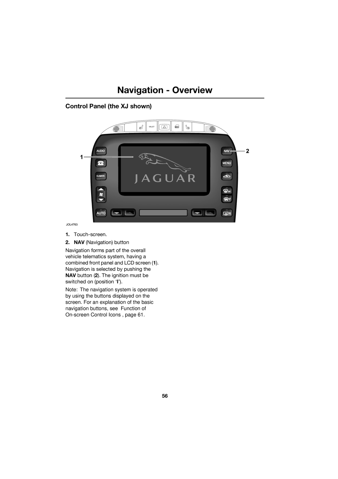 Jaguar JJM 18 42 26 701 manual Control Panel the XJ shown 