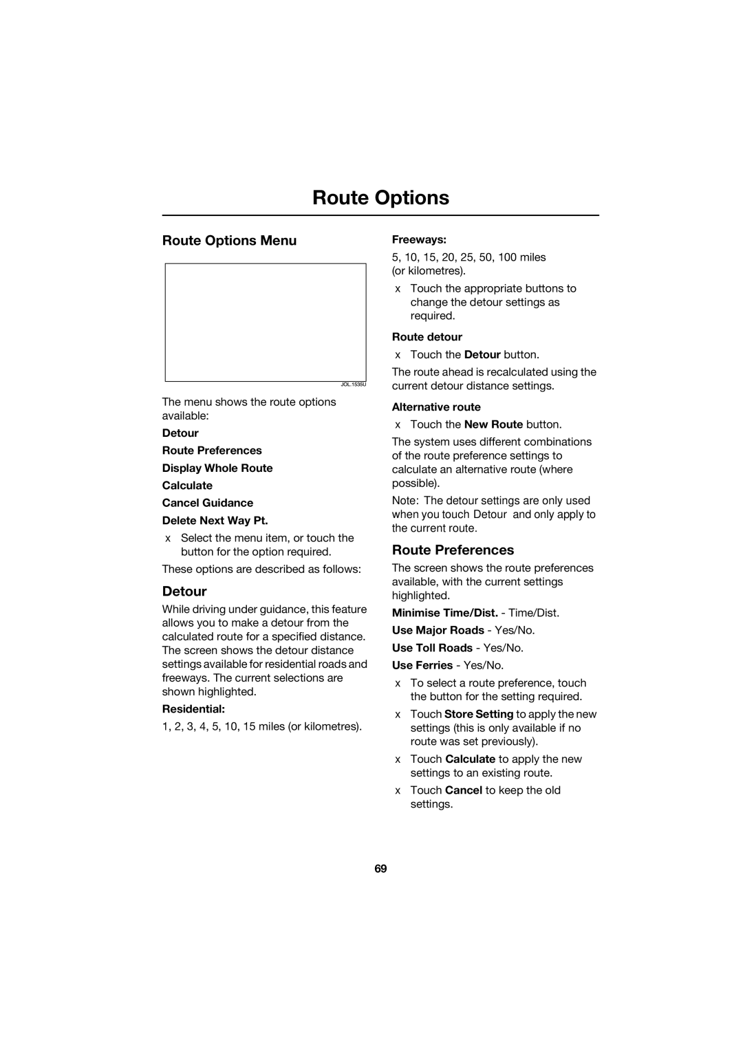 Jaguar JJM 18 42 26 701 manual Route Options Menu, Detour, Route Preferences 