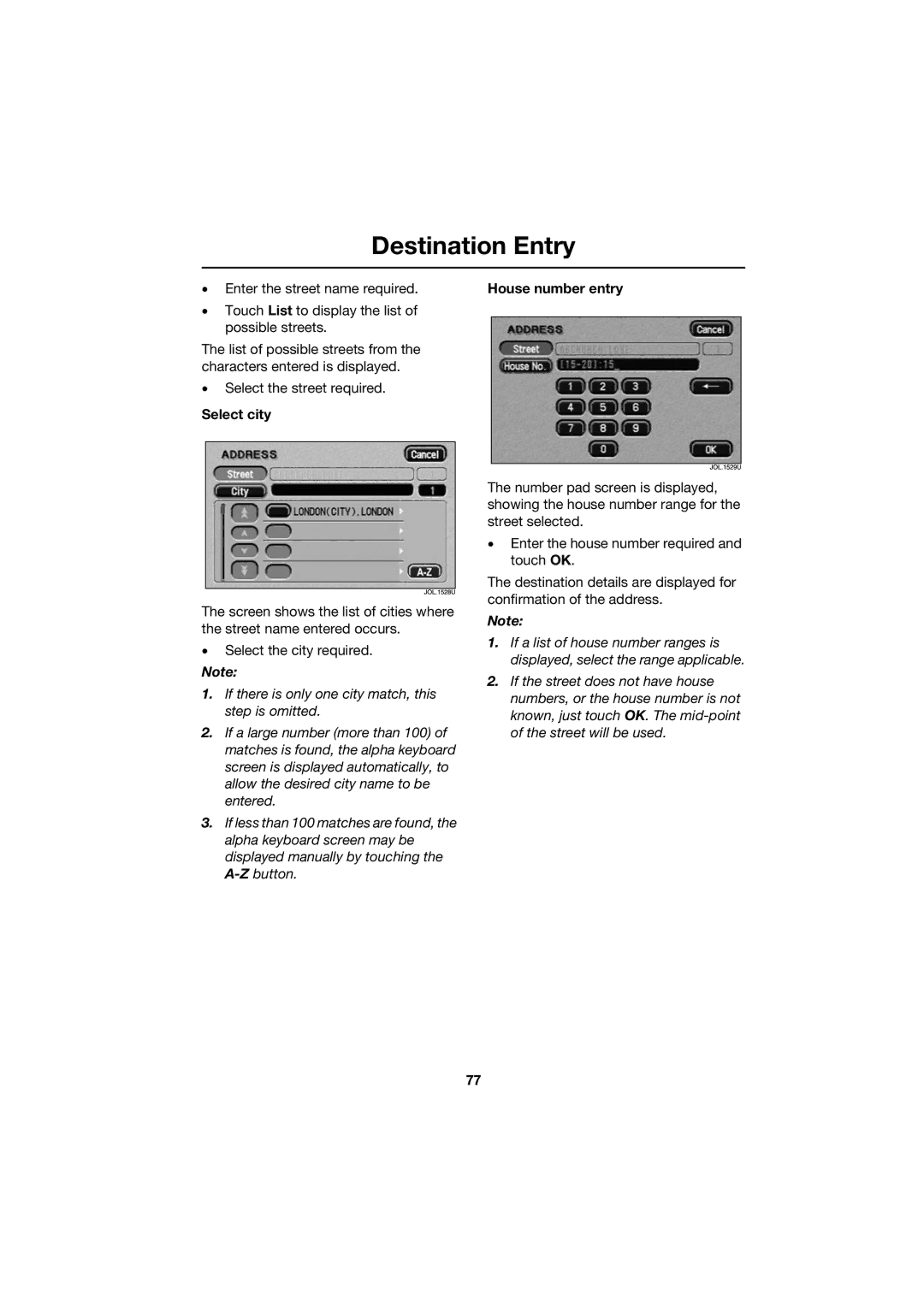 Jaguar JJM 18 42 26 701 manual Select city, House number entry 