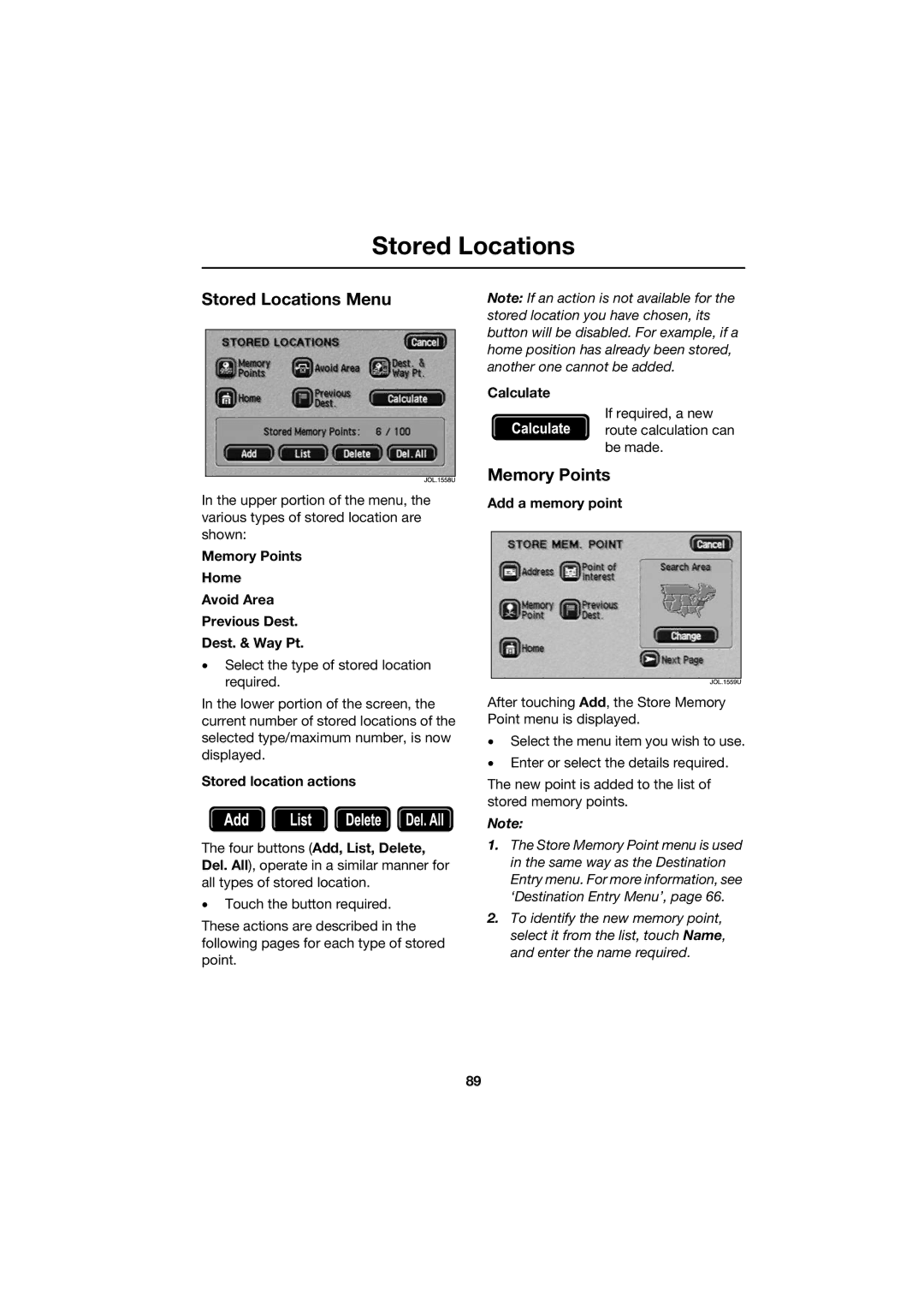 Jaguar JJM 18 42 26 701 manual Stored Locations Menu, Memory Points Home Avoid Area Previous Dest Dest. & Way Pt 