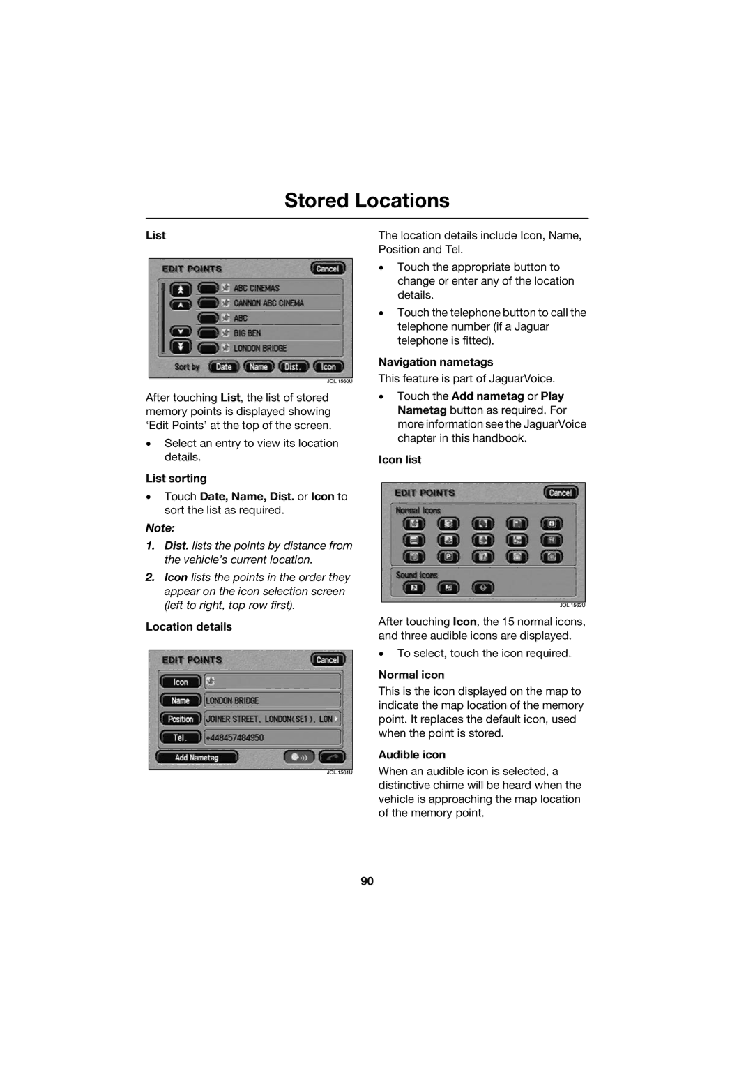 Jaguar JJM 18 42 26 701 manual List, Location details, Navigation nametags, Icon list, Normal icon, Audible icon 