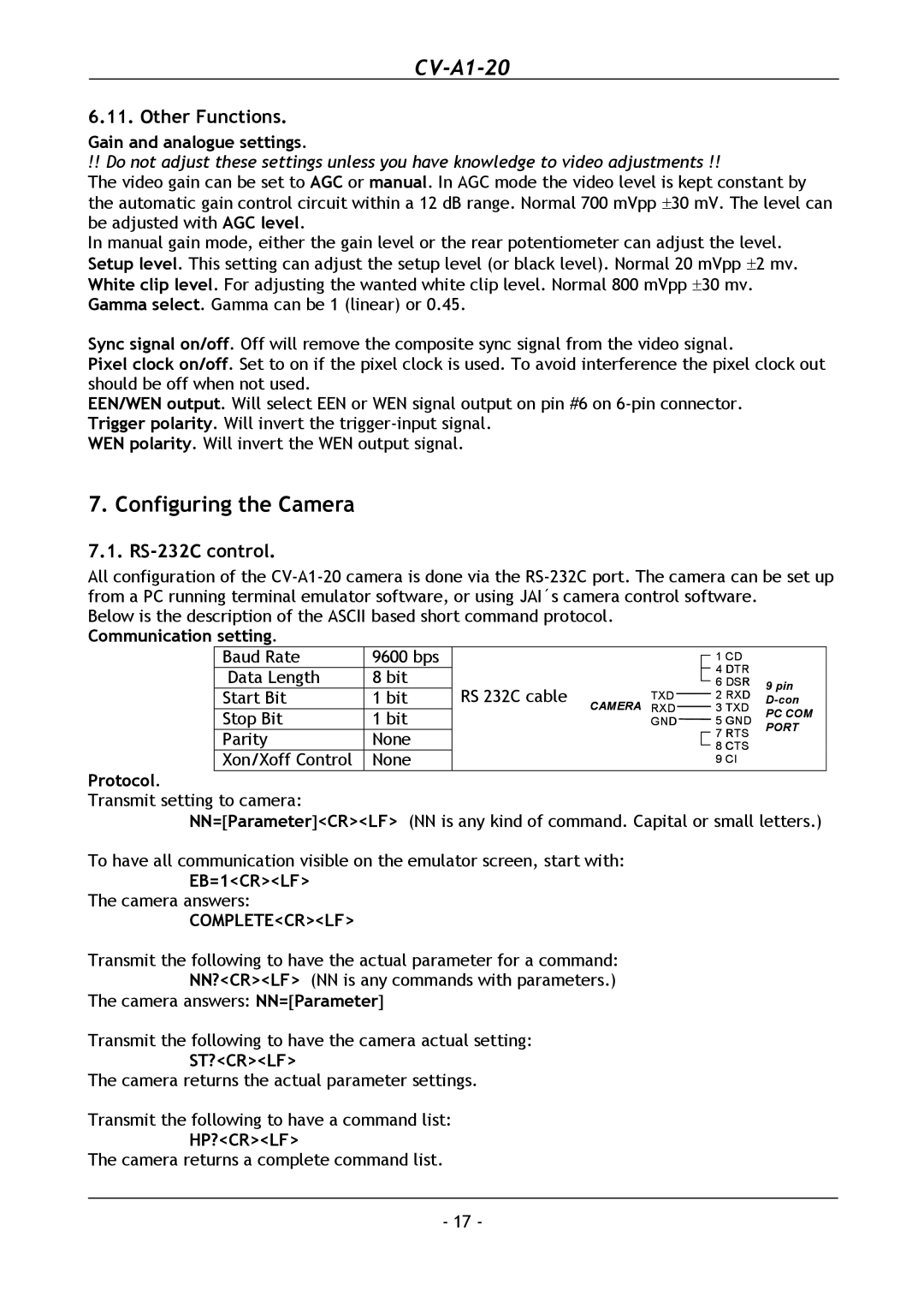 JAI CV-A1-20 operation manual Configuring the Camera, Other Functions, RS-232C control 