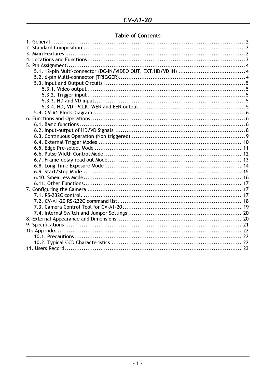 JAI CV-A1-20 operation manual Table of Contents 