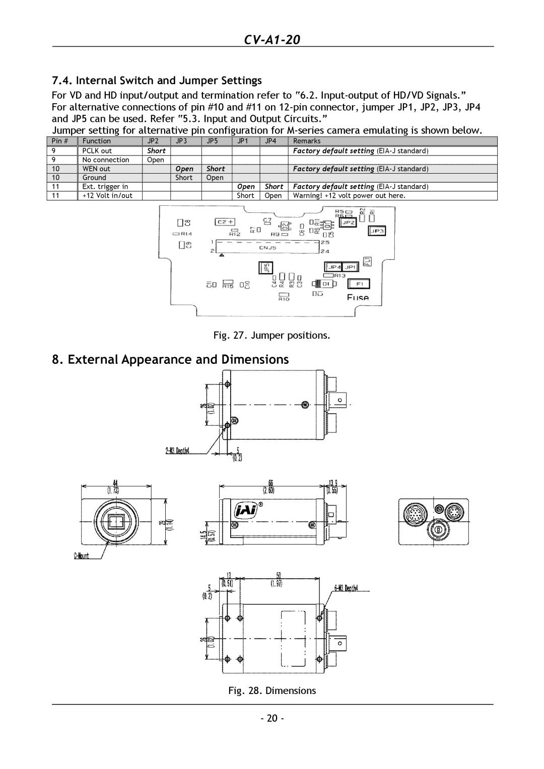 JAI CV-A1-20 operation manual External Appearance and Dimensions, Internal Switch and Jumper Settings 