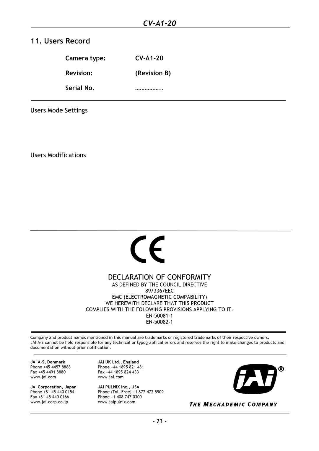 JAI CV-A1-20 operation manual Users Record, Declaration of Conformity 