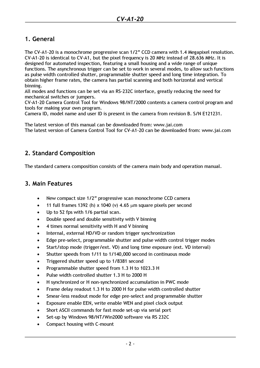 JAI CV-A1-20 operation manual General, Standard Composition Main Features 