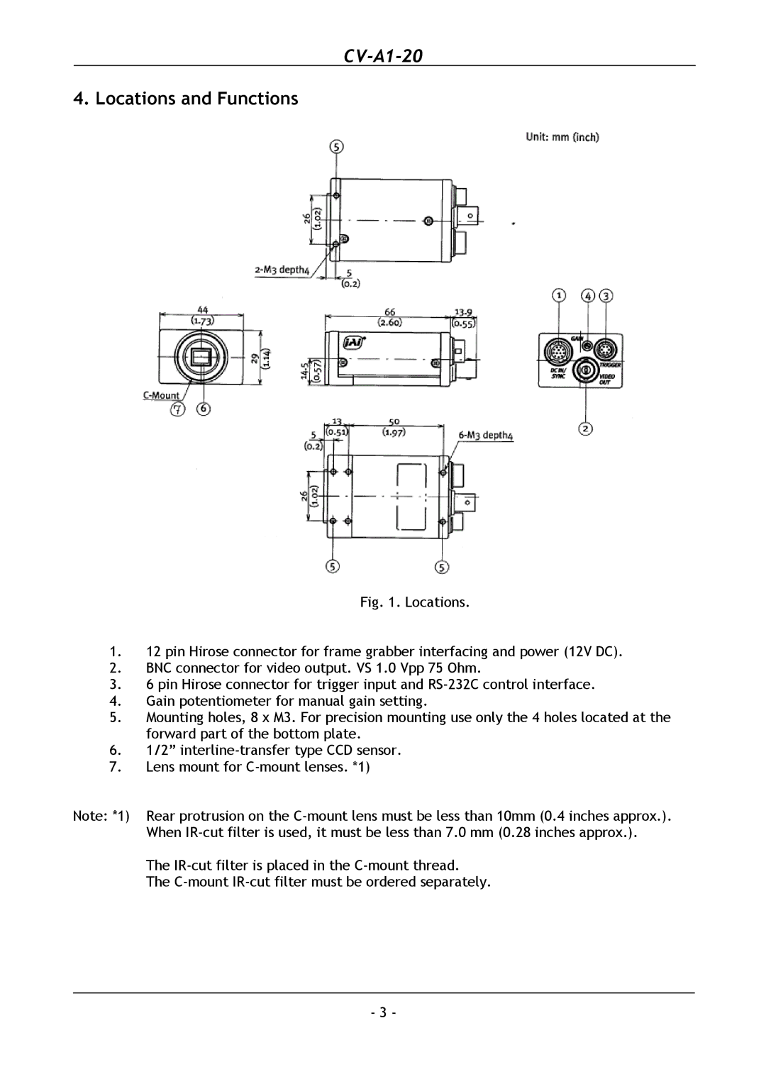 JAI CV-A1-20 operation manual Locations and Functions 