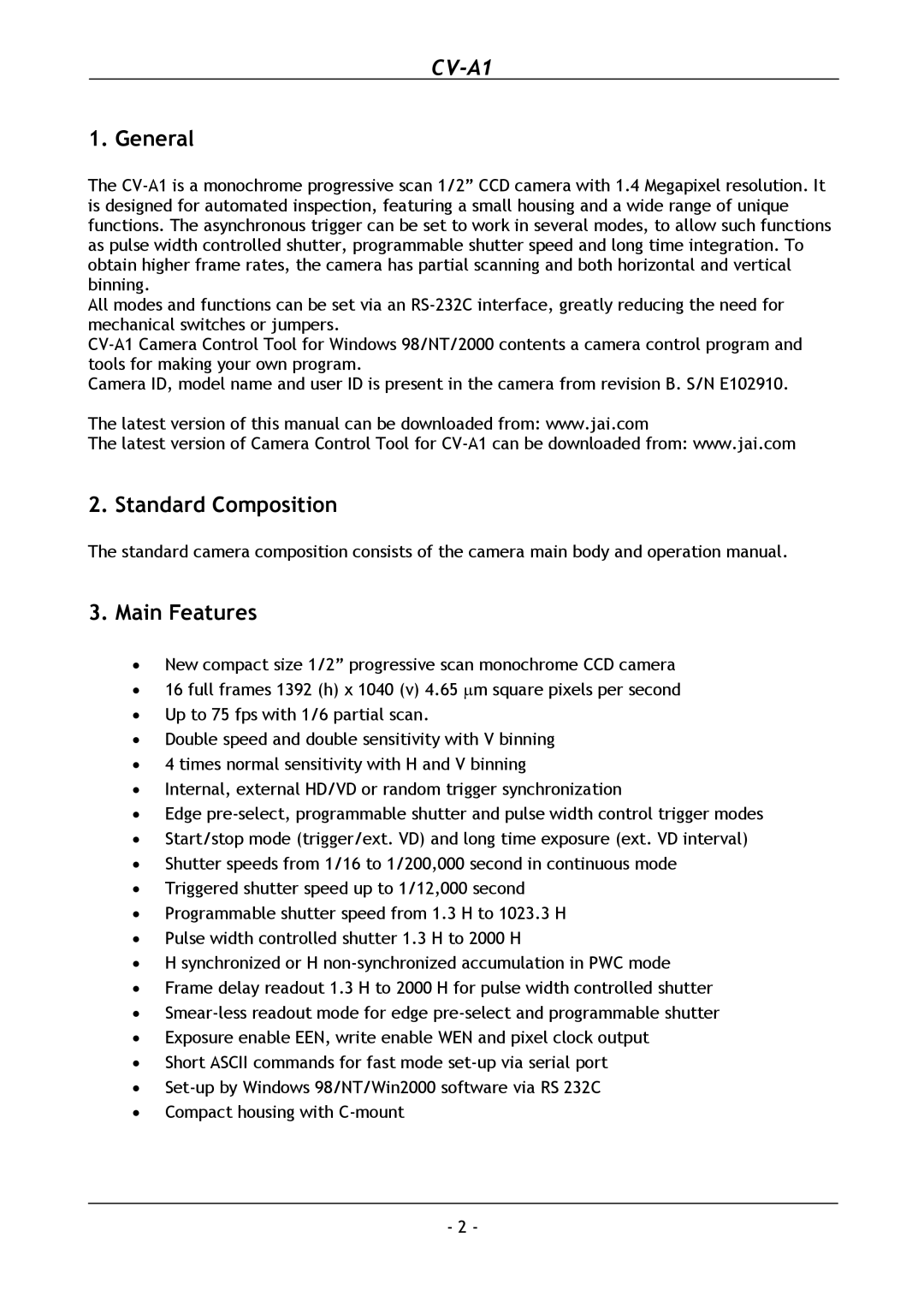 JAI CV-A1 operation manual General, Standard Composition Main Features 