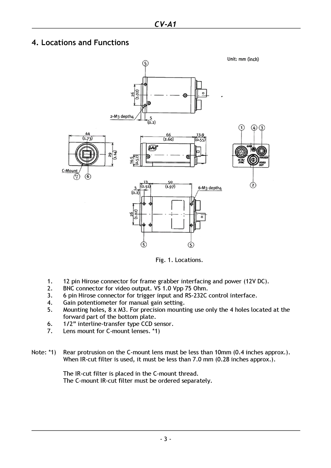 JAI CV-A1 operation manual Locations and Functions 