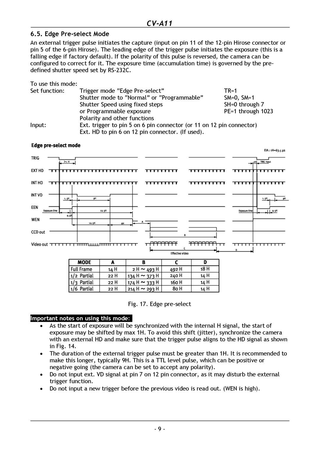 JAI CV-A11 operation manual Edge Pre-select Mode, Important notes on using this mode 