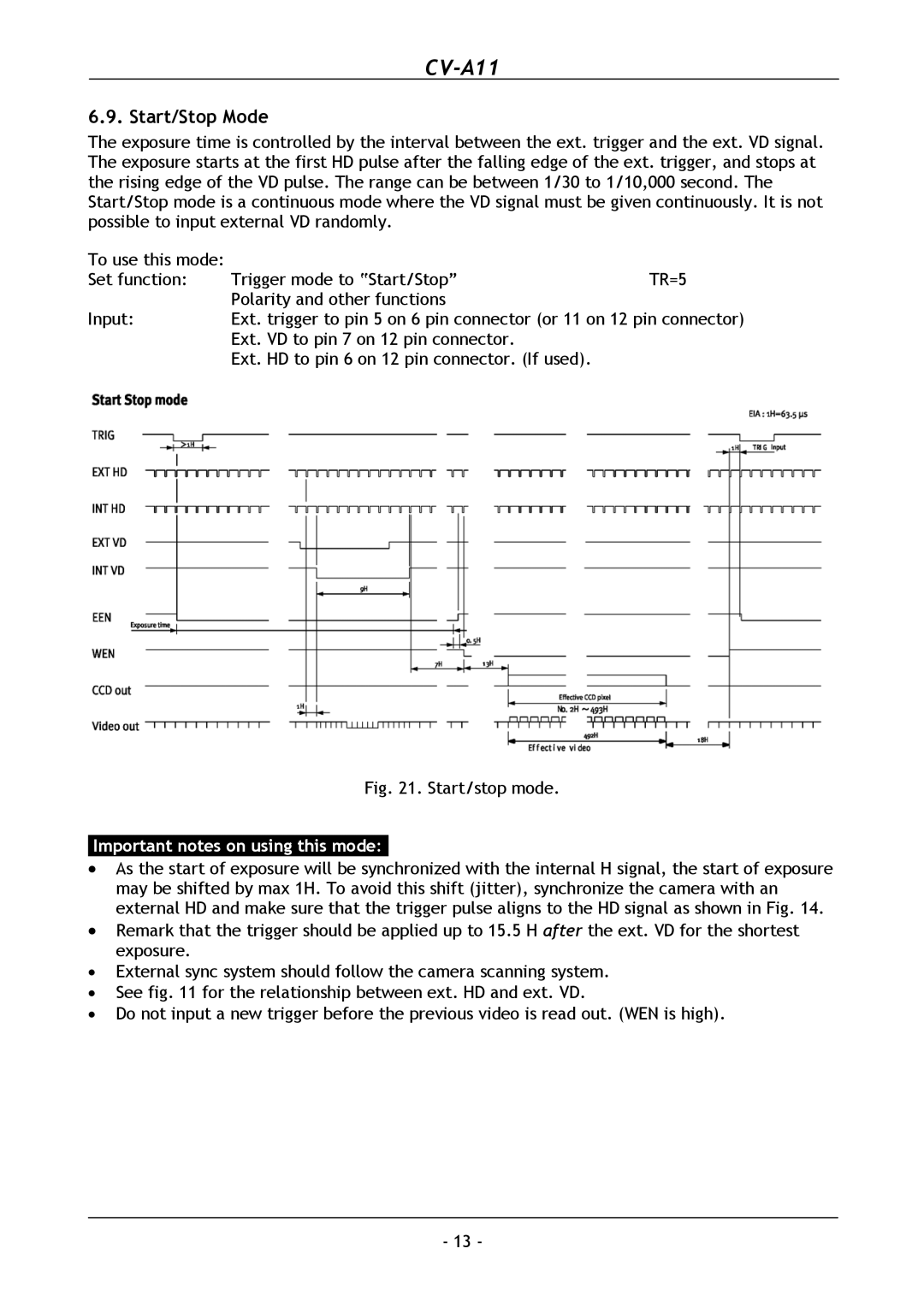 JAI CV-A11 operation manual Start/Stop Mode, Start/stop mode 