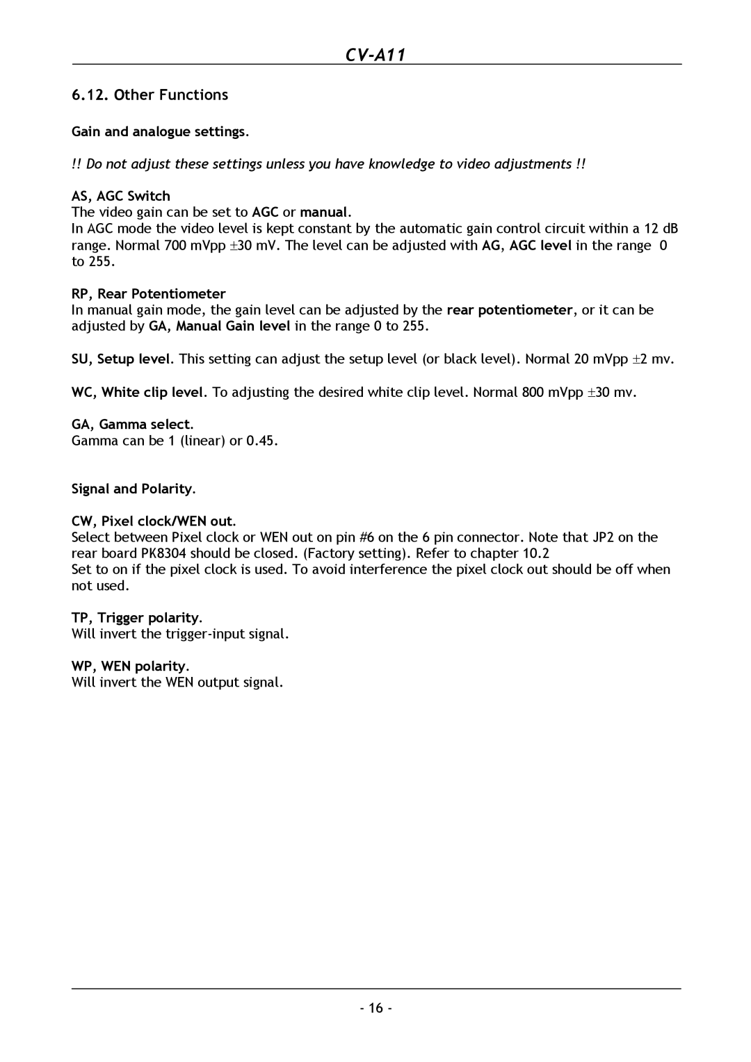 JAI CV-A11 operation manual Other Functions 