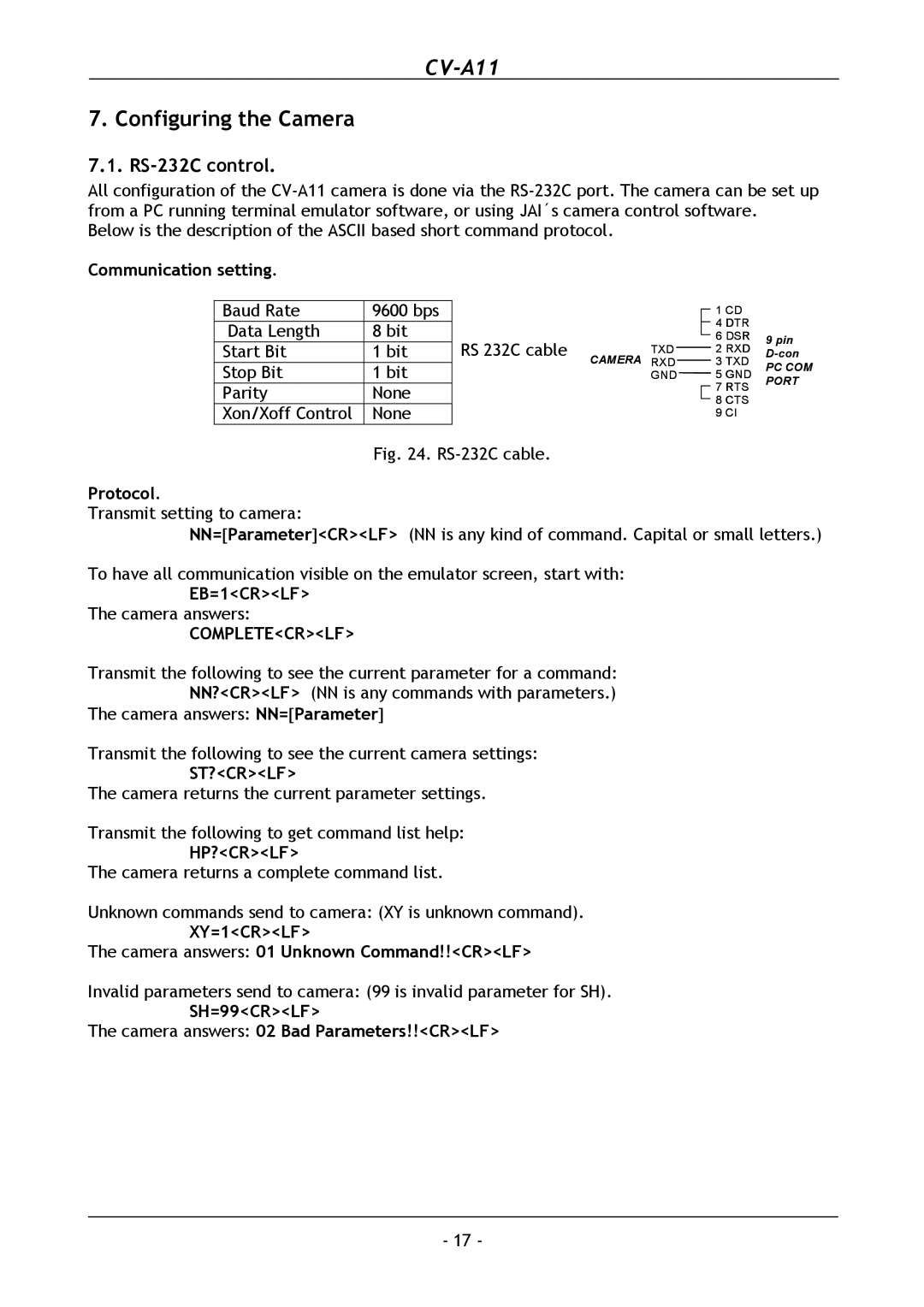 JAI CV-A11 operation manual Configuring the Camera, RS-232C control 