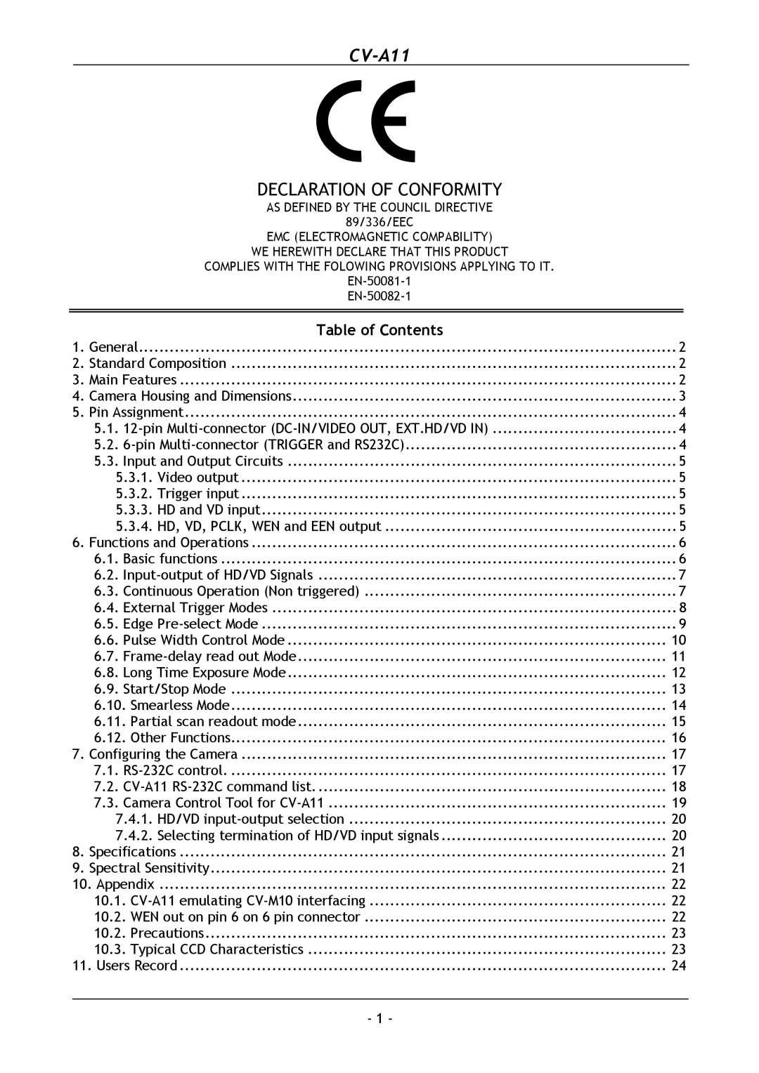 JAI CV-A11 operation manual Table of Contents 